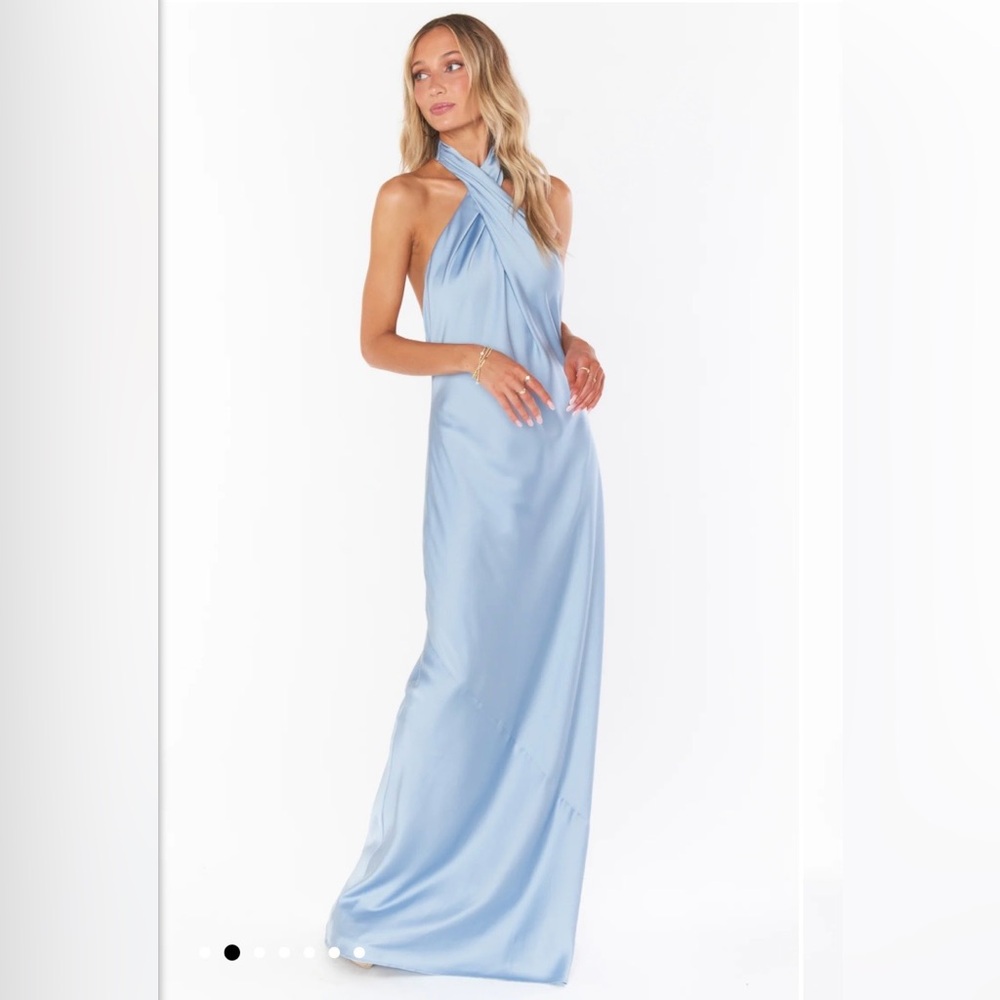 Show Me Your MuMu Jasmine Halter Dress - XS - Steel Blue Luxe Satin - Worn Once